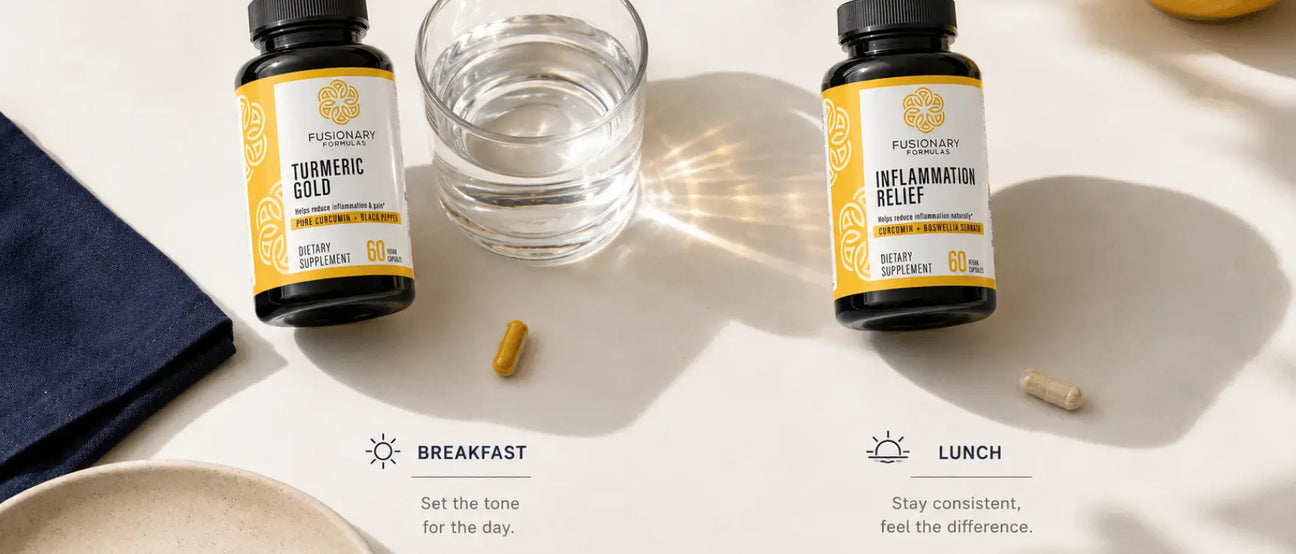 Fusionary Formulas Turmeric Gold and Inflammation Relief capsules with water, oatmeal, and a fresh salad — representing the simple anti-inflammatory protocol women build their day around