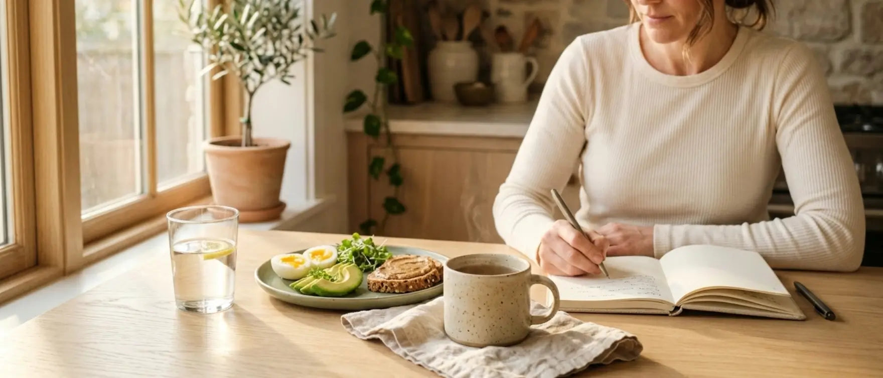 Woman journaling beside a balanced breakfast as part of an anti-inflammatory daily routine supporting gut health and steady energy