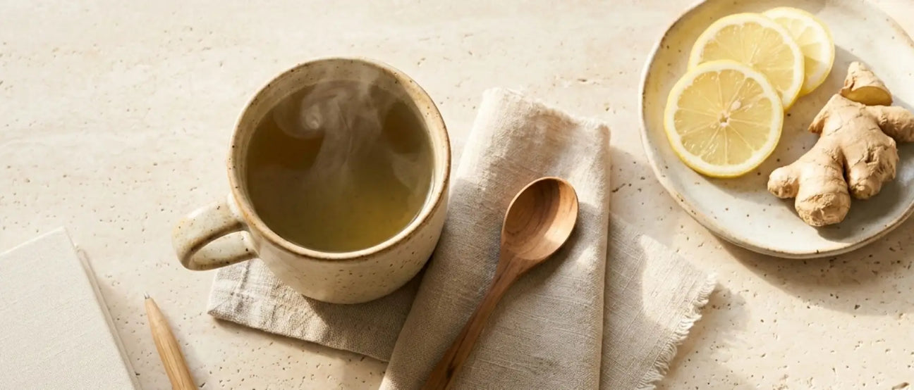 Anti-inflammatory herbal tea with ginger and lemon supporting gut health and reducing bloating and inflammation