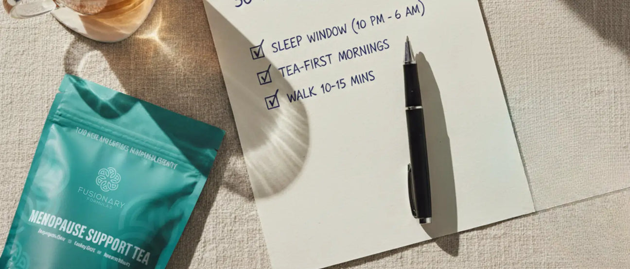 menopause sleep stress joint pain — evening wind-down tea and soft light