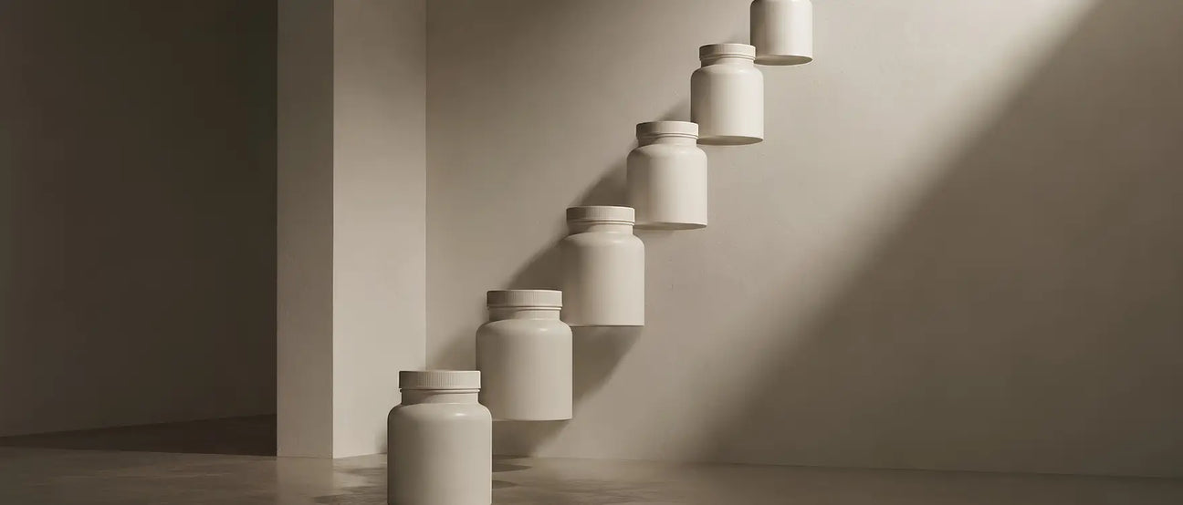 Stack of supplement bottles ascending like stairs, symbolizing compounding returns on a health investment