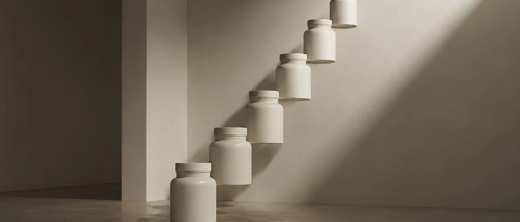 Stack of supplement bottles ascending like stairs, symbolizing compounding returns on a health investment