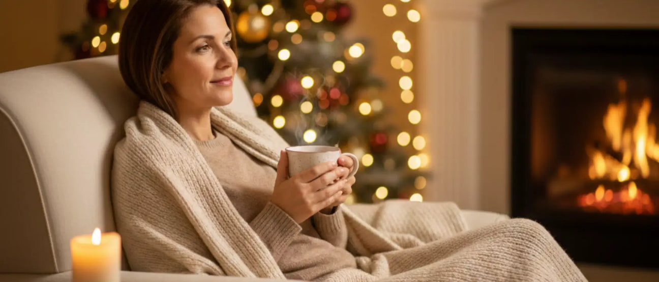 Relaxed woman sipping a warm drink by the Christmas tree during an Ayurvedic holiday energy reset to reduce inflammation and stress.