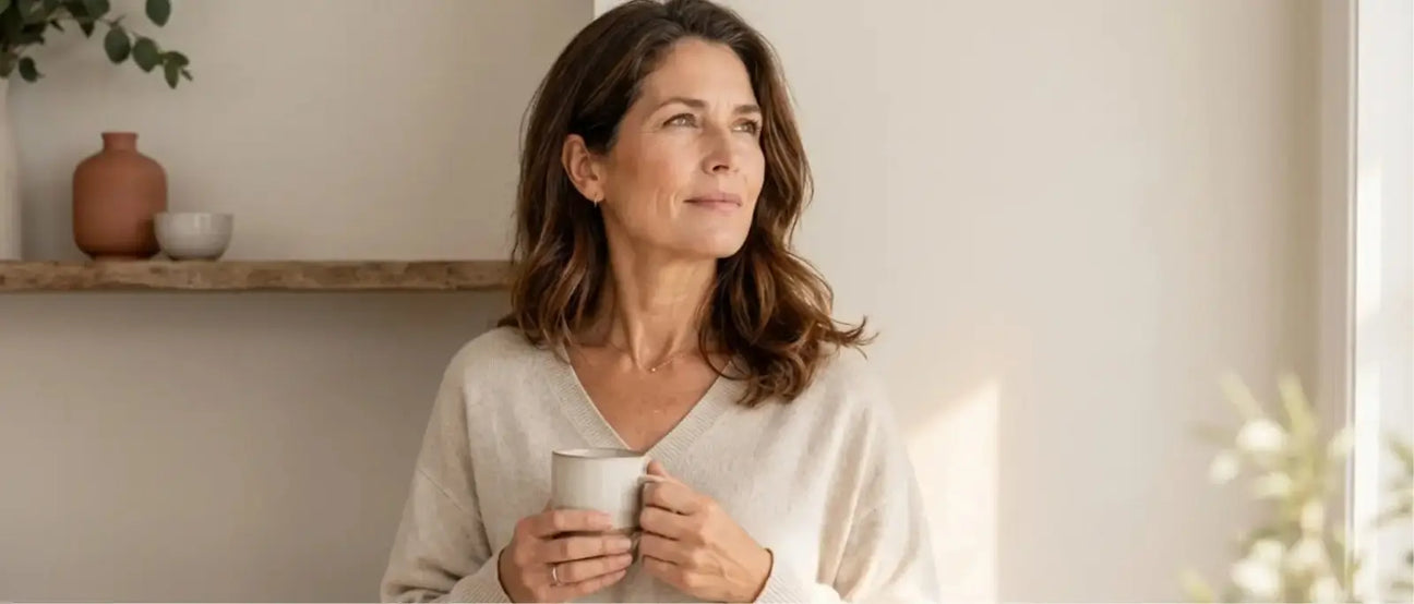 A woman holding a warm mug, looking thoughtfully toward natural light — representing intentional daily anti-inflammatory support for long-term women's wellness