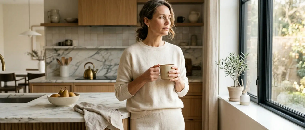 Woman standing by kitchen window drinking tea, reflecting on weight gain and metabolism changes caused by chronic inflammation after 35