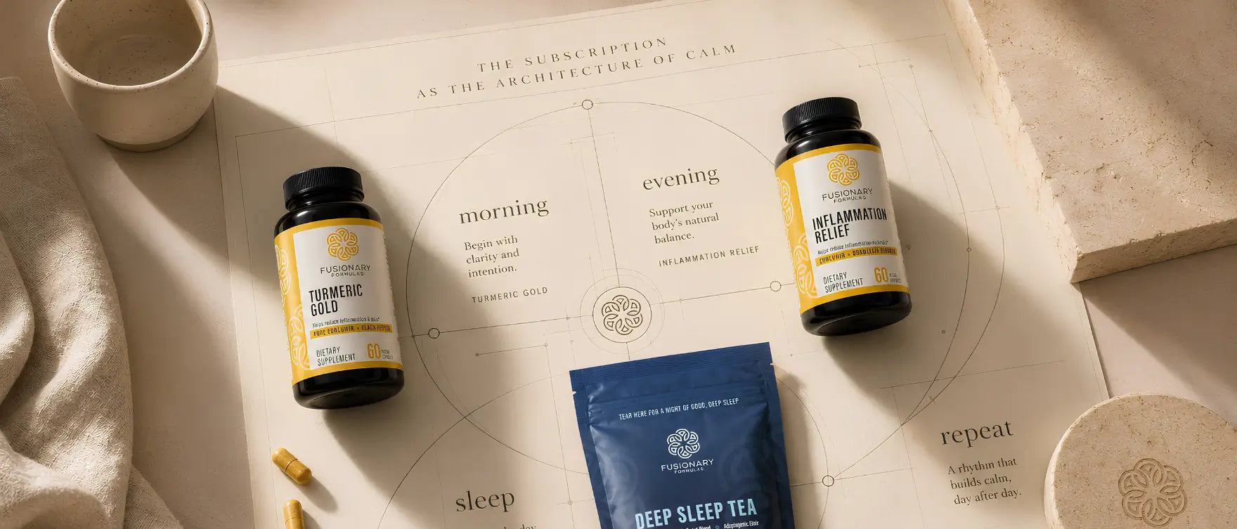 Turmeric Gold supplement and Deep Sleep Tea with a journal for a calming morning and evening wellness routine