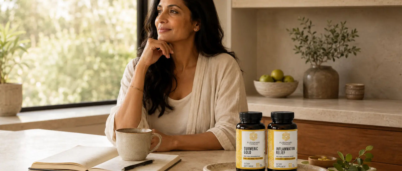 Dr. Shivani Gupta at a kitchen counter with Turmeric Gold and Inflammation Relief supplements, reflecting a sustainable daily anti-inflammatory practice
