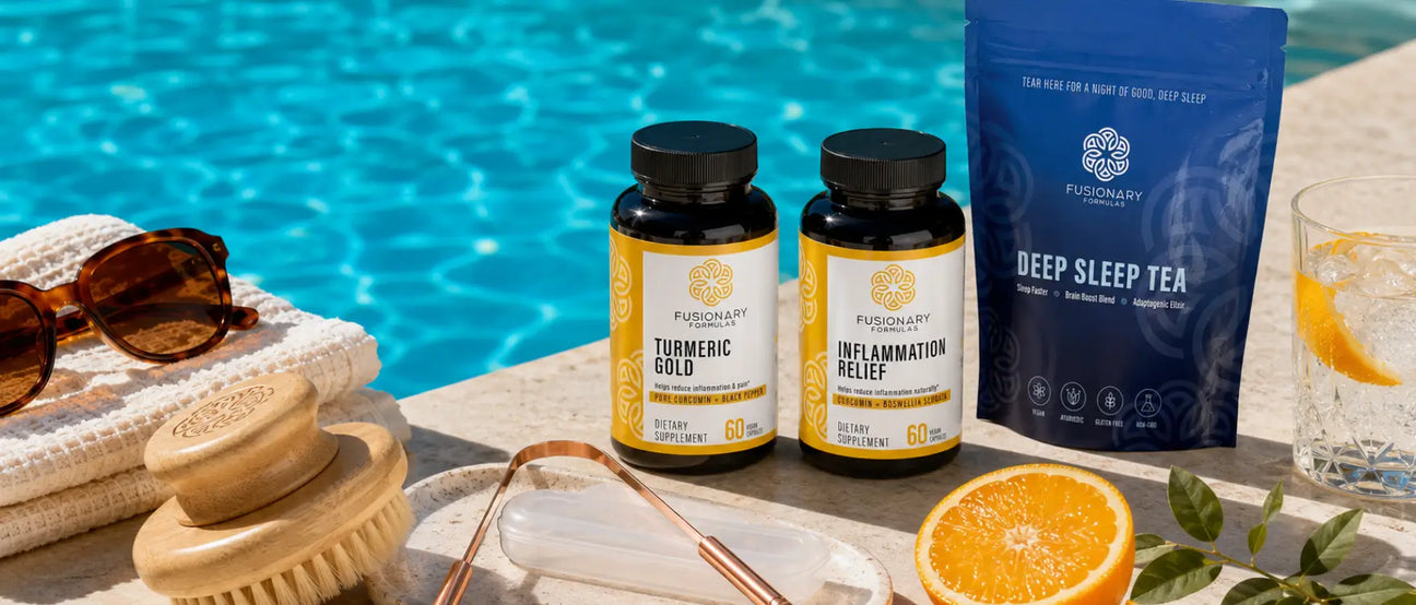 Fusionary Formulas anti-inflammatory summer wellness bundle — Turmeric Gold, Inflammation Relief, Deep Sleep Tea, dry brush, and tongue scraper arranged poolside alongside sunglasses and fresh citrus for a summer-ready daily ritual