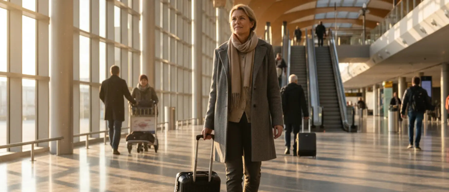 Traveler walking through bright airport hallway, symbolizing mobility, energy, and comfort with Ayurvedic joint support supplements.