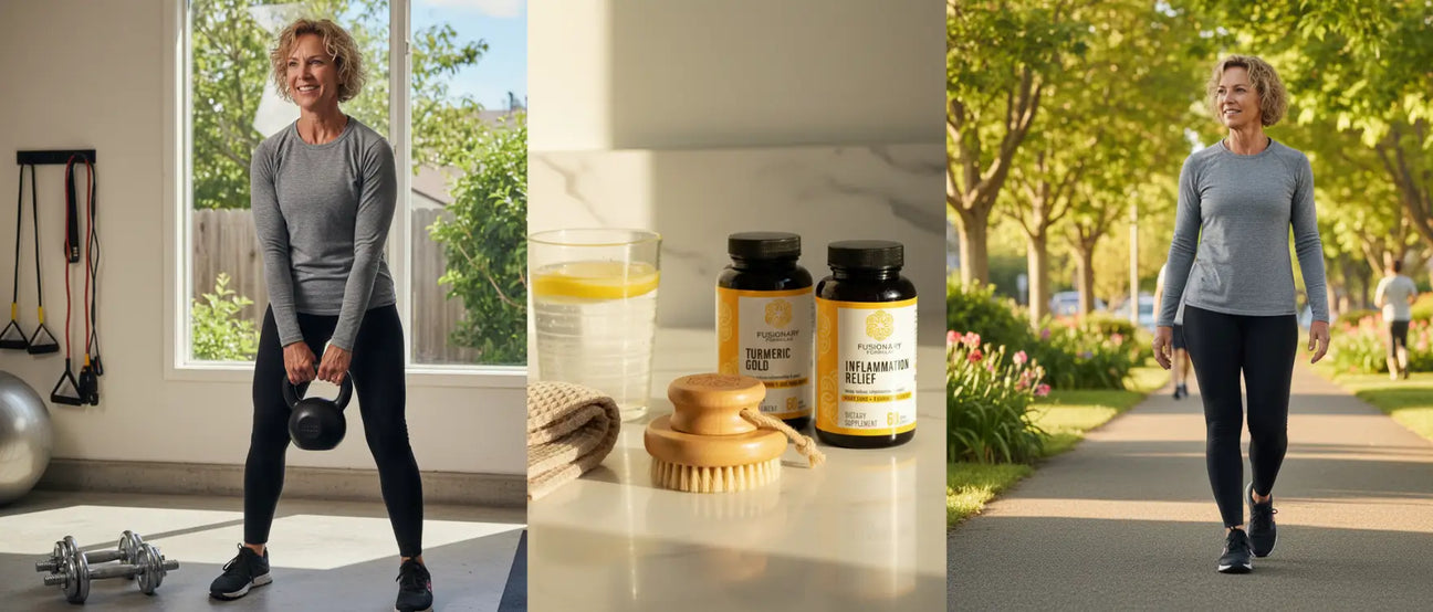 lifestyle collage showing walking exercise and mitochondrial supplements for energy and longevity