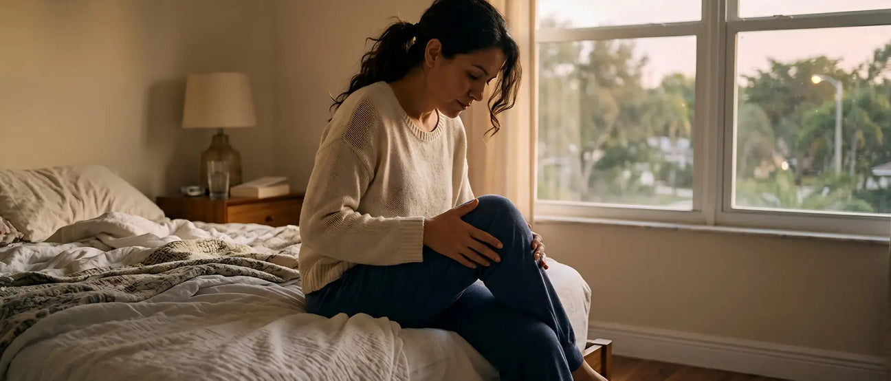 woman sitting on bed with morning joint stiffness inflammation in women over 35
