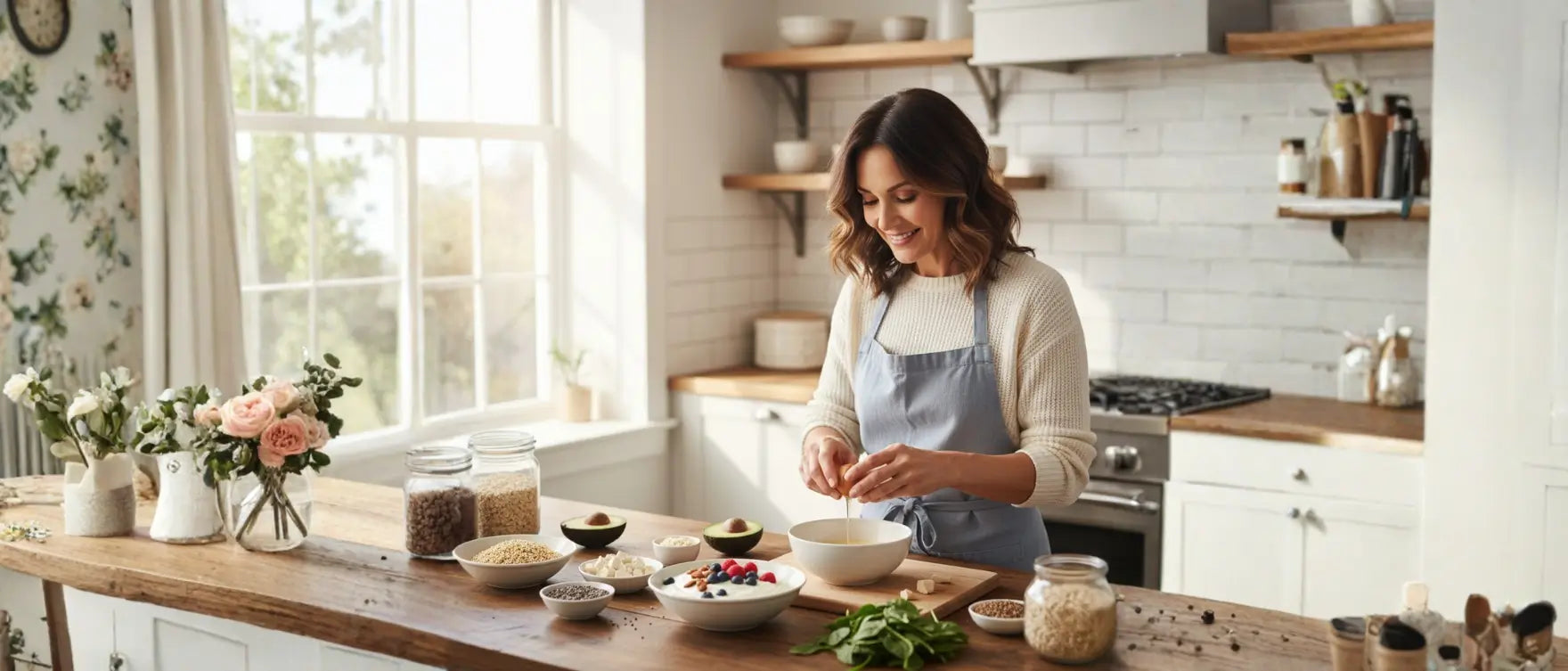 Protein pacing women over 40 – preparing a high-protein breakfast in natural light