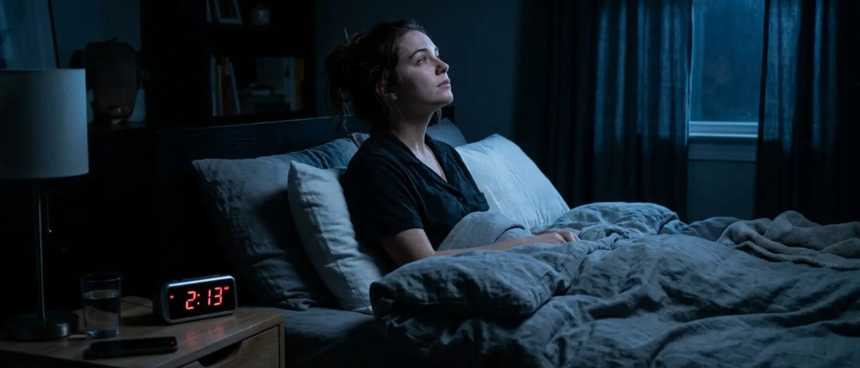 woman awake at night unable to sleep due to inflammation and stress hormones disrupting deep sleep in midlife women