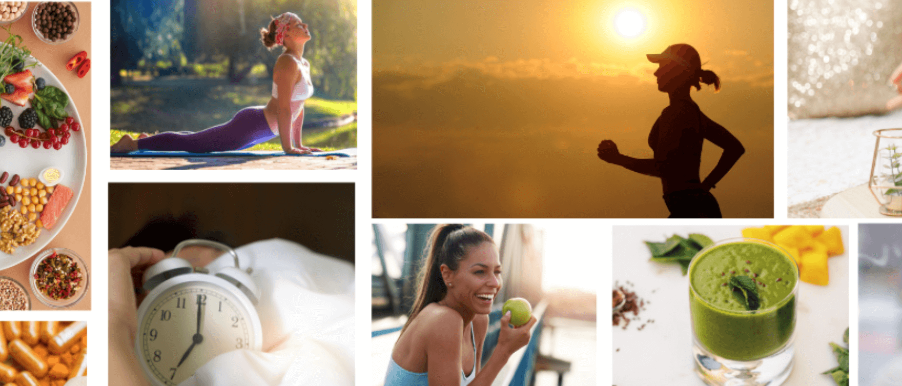 A collage showcasing top health and wellness trends for 2024, including fitness, plant-based nutrition, sleep hygiene, and mindfulness.