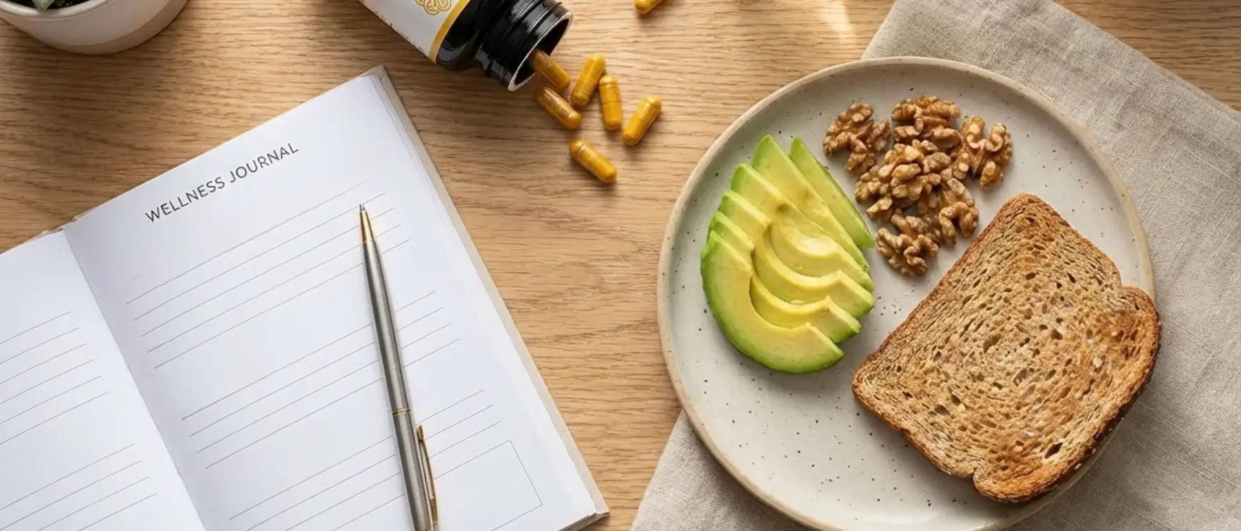 Morning anti-inflammatory routine with turmeric capsules, healthy fats, and wellness journaling to support a turmeric ritual for inflammation.