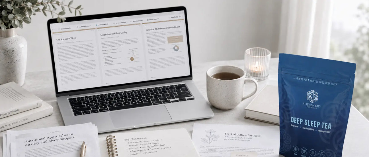 A laptop open to wellness research on sleep, circadian rhythm, and gut health beside Fusionary Formulas Deep Sleep Tea — representing the research phase before starting an anti-inflammatory ritual