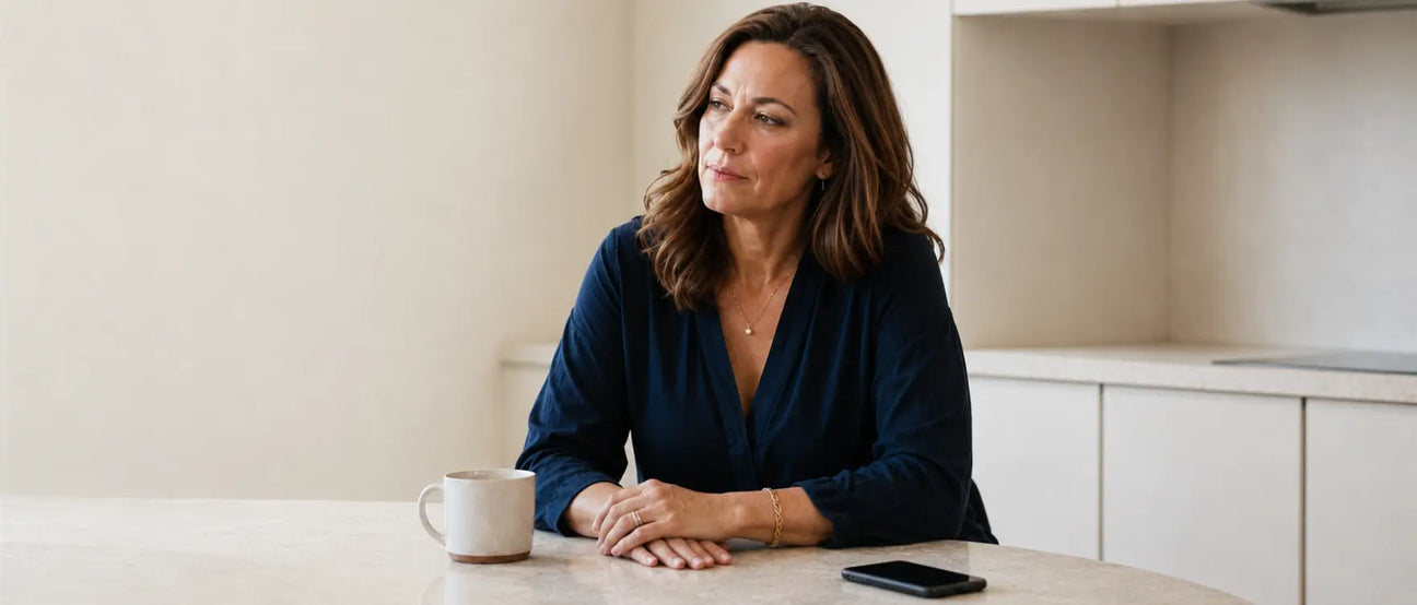 Woman sitting alone at her kitchen table with her phone, representing the quiet gap between being surrounded and being truly known