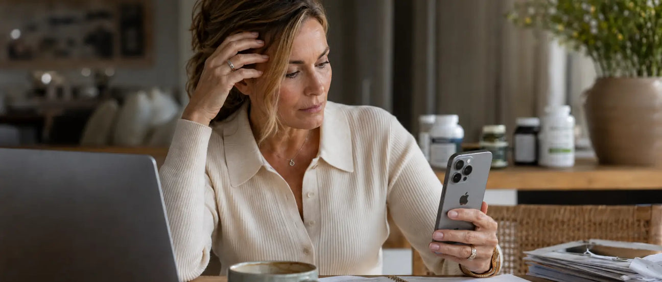 A woman sitting at her desk, head in hand, looking at her phone near a laptop and supplement bottles — representing the exhaustion of powering through unaddressed symptoms