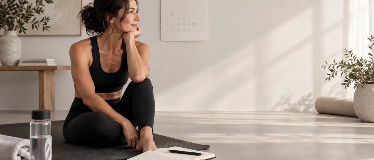 Woman sitting on a yoga mat with her journal, pausing thoughtfully as she returns to her wellness routine after a break — representing a gentle, low-pressure restart