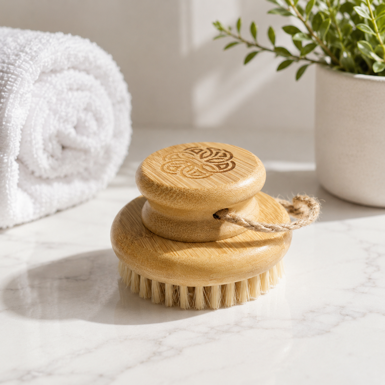 Wooden brush with bamboo handle on a marble surface with a white towel and plant in the background.