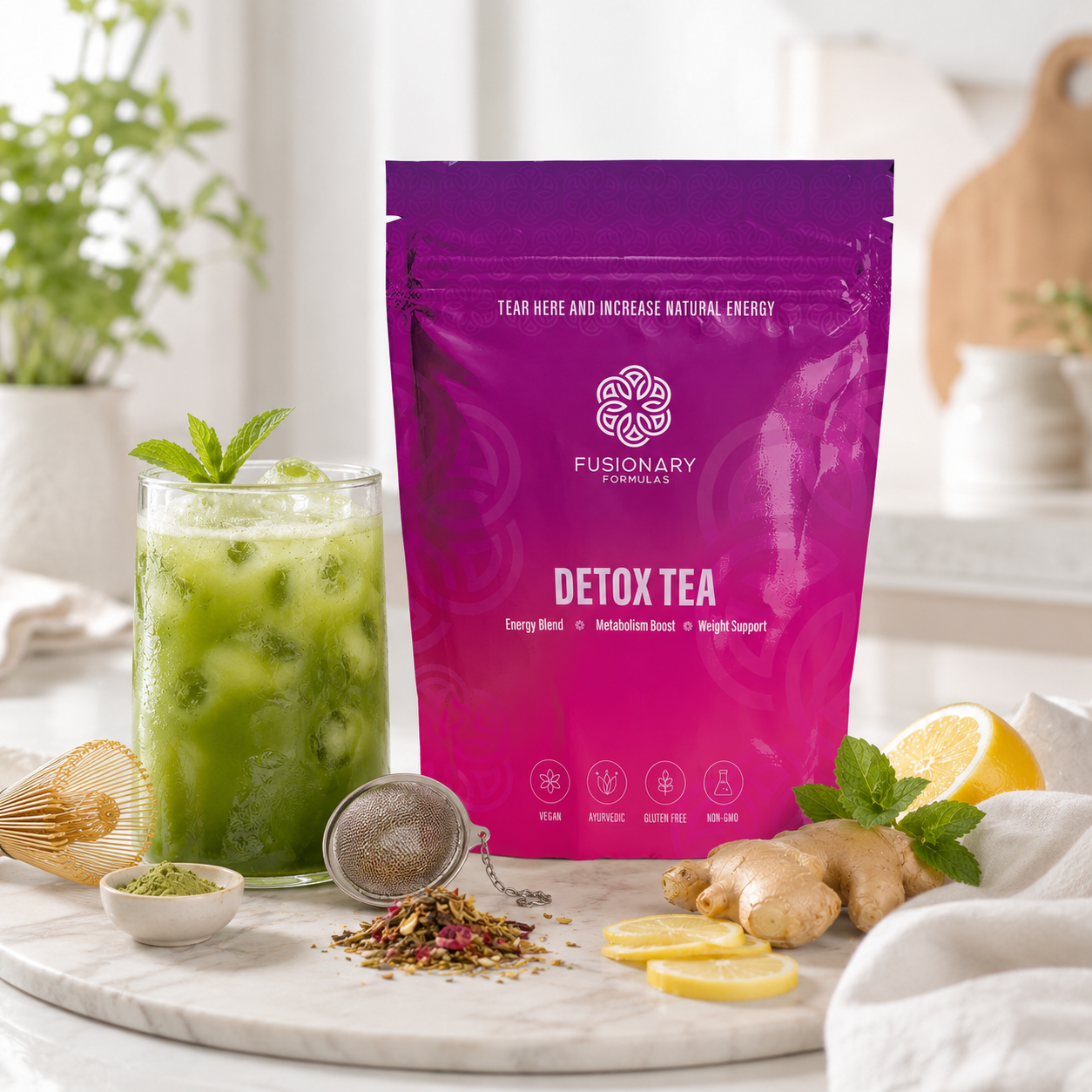 Detox tea package with a glass of green tea and tea-making items on a marble surface.
