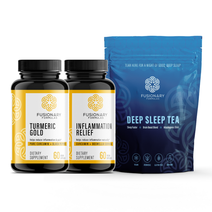 Two bottles of Fusionary dietary supplements and a package of Deep Sleep Tea on a white background